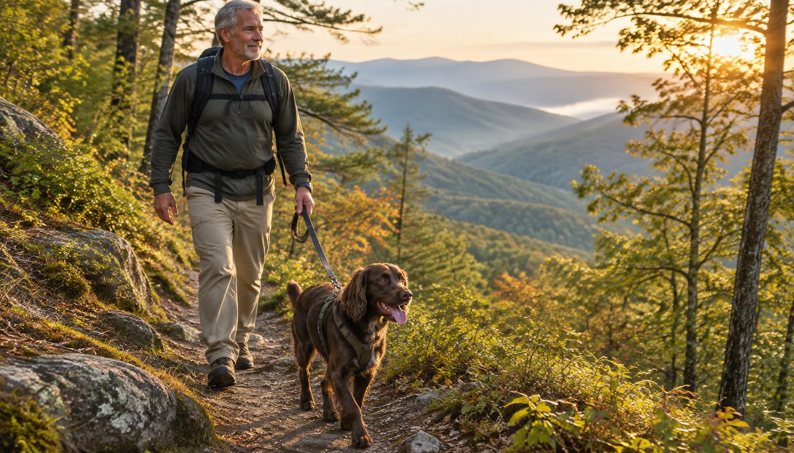 An older hiker and his brown spaniel walking a mountain trail at sunrise