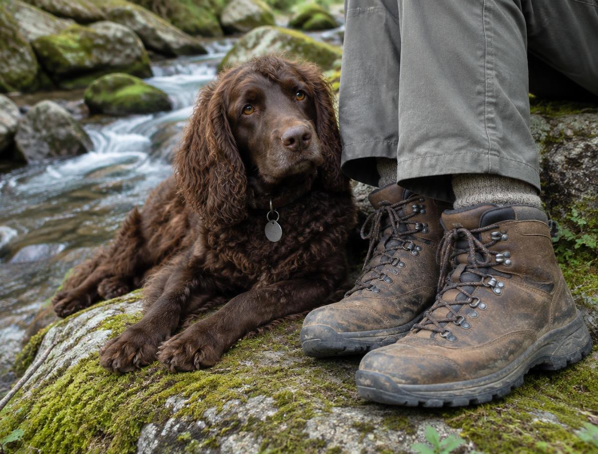 Jade the spaniel resting beside Ward's hiking boots by a creek